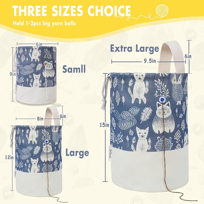 Yarn Bag, Large Crochet Bag Organizer, Drawstring Yarn Storage Knitting Bags, Portable Mini Yarn Holder for Crocheting Project, Store Skein Ball, Needles Accessories (Navy Blue, Extra Large)