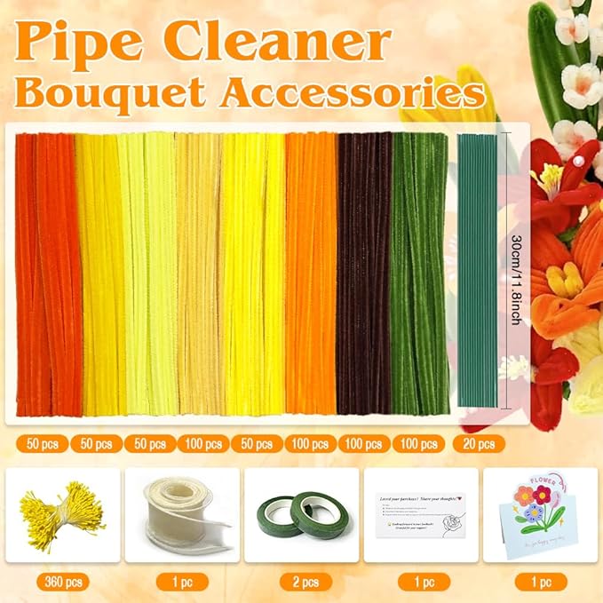 985-Pieces Sunflower Craft Kit - Golden Yellow & Orange Pipe Cleaners with Floral Supplies for DIY Sunflower, Tulip & Lily Making - Complete Flower Crafting Set