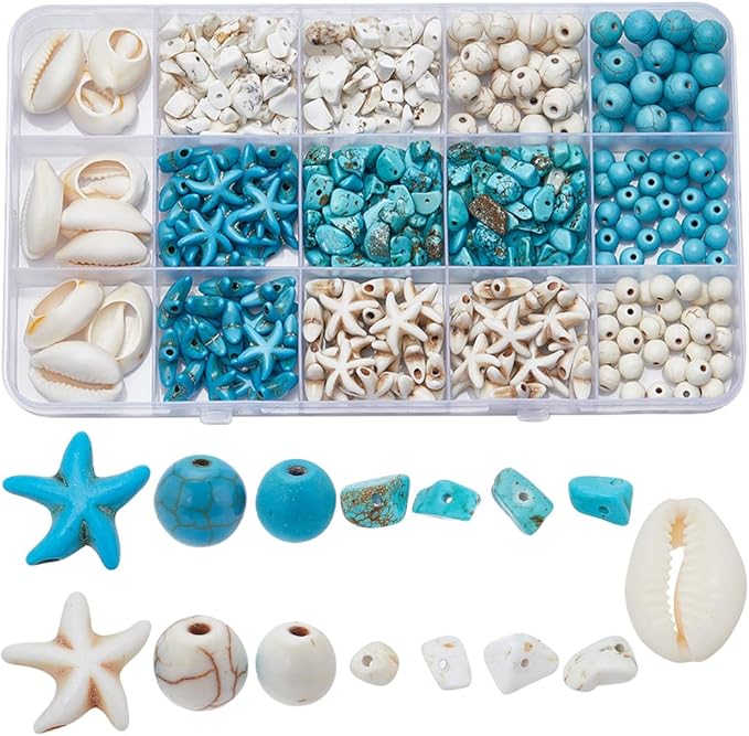 SUNNYCLUE 1 Box About 300Pcs Bohemian Style Starfish Beads Blue White Natural Shell Beads Summer Ocean Animal Starfish Seashell Charms 6mm 8mm Chip Spacers for Jewelry Making Kits