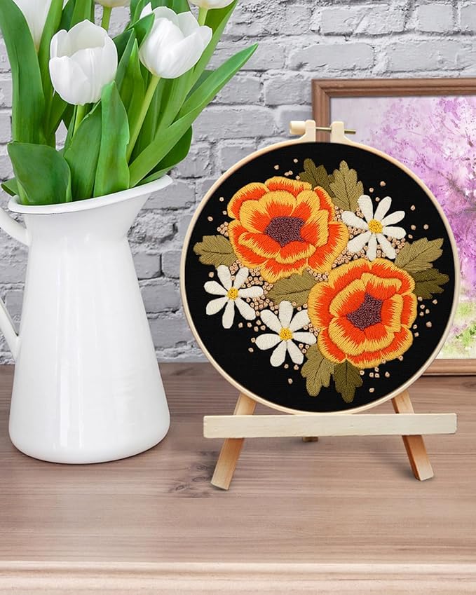 ERKOON Embroidery Kit for Beginners, Flower Cross Stitch Set Include Embroidery Cloth Hoops Threads for Craft Lover Hand Stitch with Embroidery Skill Techniques (Floral)