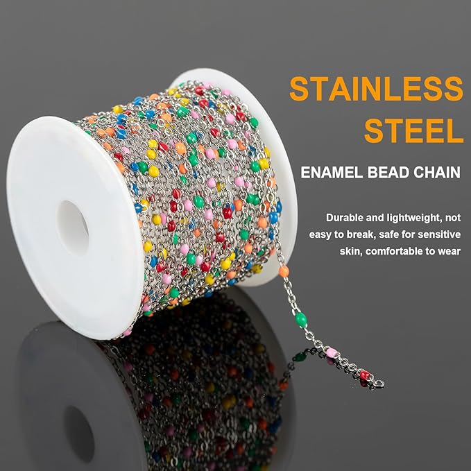 KYUNHOO Colorful Beaded Stainless Steel Jewelry Making Chains Silver Necklace Chains Bulk on Spool Thin Cable Chain Link with Jewelry Making Supplies for Bracelet Choker Crafting