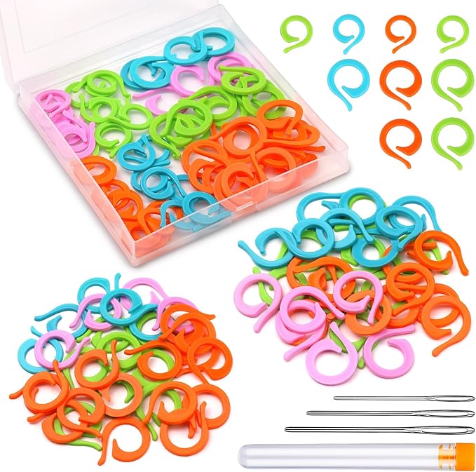 Yizzvb 50 Pcs Stitch Markers, Colorful Crochet Stitch Markers with Large-Eye Blunt Needles, Crochet Marker Ring for Knitting Crocheting DIY Craft Project with Storage Box