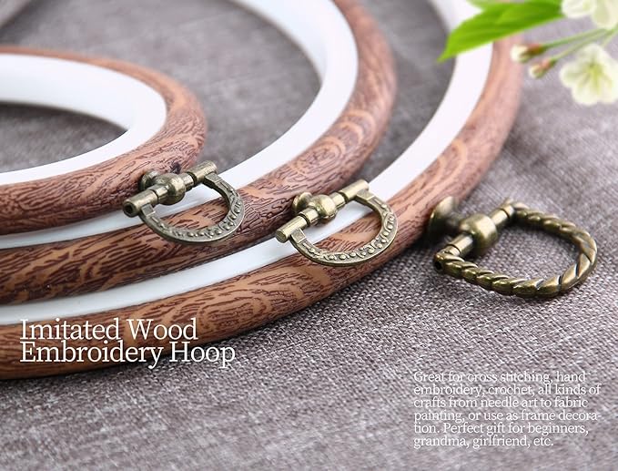 piutouyar 3 pieces round embroidery hoop set imitated wood display frame embroidery hoops circle cross stitch hoop ring for art craft sewing and hanging ornaments decor (4"+6.7"+8.4")