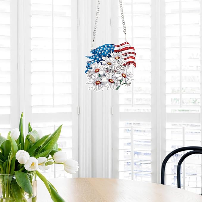 AiYuanzsh Patriotic Diamond Painting Hanging Ornament, American Flag with White Daisies, DIY 5D Diamond Art Pendant Kit with Chain, Independence Day Crystal Suncatcher Home Decoration Craft