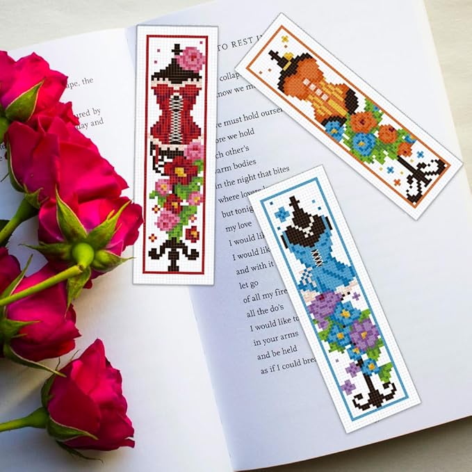 ORIGACH 6 Pcs Cross Stitch Bookmark Kit for Beginner Adults, Mannequin with Flowers Stamped Embroidery Bookmark Kit with Instruction for Starters Printed Cross Stitch DIY Kits for Book Lovers