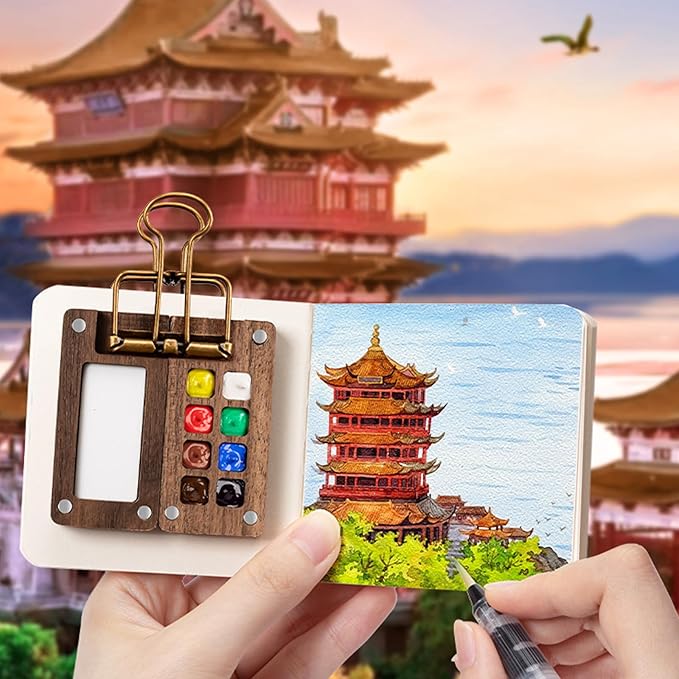 Mini Watercolor Travel Paint Set - Mini Paint Palette Travel Kit, Pocketartist Watercolor Set with Colours, Binder Clips, 3 Watercolor Pens, Brush for Painters Artists Student
