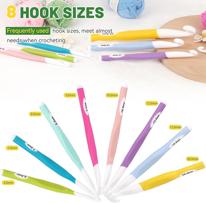 aeelike large crochet hooks set, 8 pcs colorful crochet hooks size 6.0mm 7mm 8mm 9mm 10mm 12mm 15mm 20mm for thick bulky yarn blankets diy crafts, ideal gift