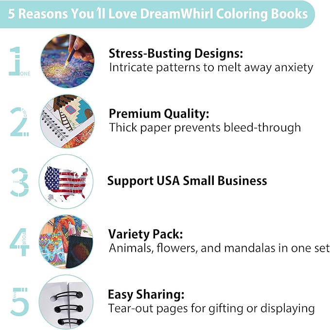 DreamWhirl Adult Coloring Books:Set of 3 Relaxing Adult Coloring Book with Animals, Flowers and Mandalas| Coloring Books for Adult to Relieve Anxiety