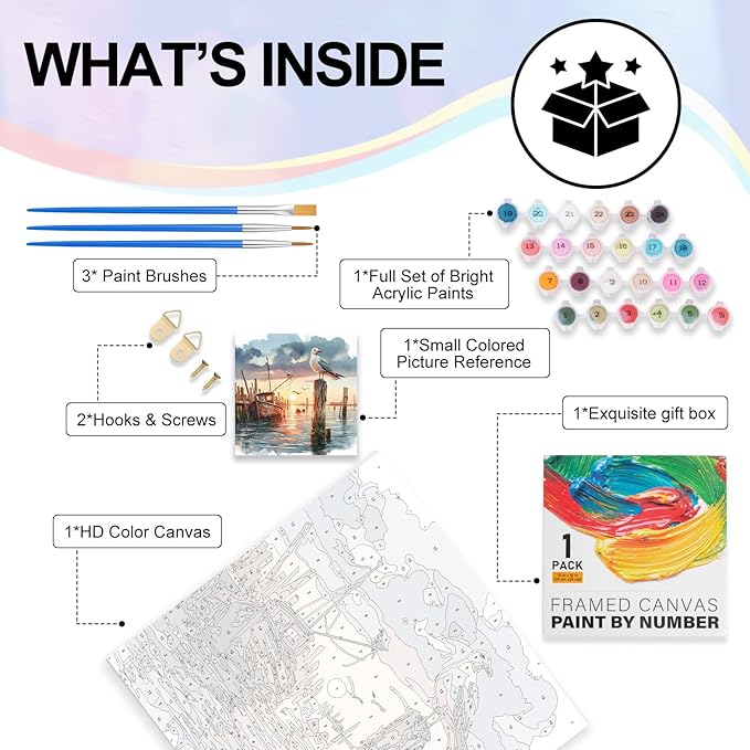Yezavesu Framed Paint by Numbers Kit for Adults Beginner & Kids Ages 8-12, Seagull Paint by Numbers Without Easel, DIY Number Painting for Adults Sunset for Home Wall Decor Gift 10x10 inch