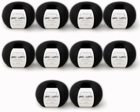 Silk Mohair Luxury Yarns, Premium and Soft Blend for Knitting, Made in Italy (Black - 6037, 10)