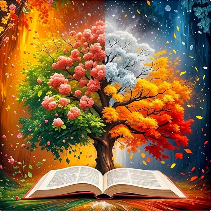 PINFFSHU 5D Diamond Painting Kit for Adults Tree of Life with Magic Seasons & Sacred Book Full Drill Art, DIY Sparkling Gem Dots Spiritual Wall Decor 13.78x13.78 Inches Gift for Spiritual Art Lovers
