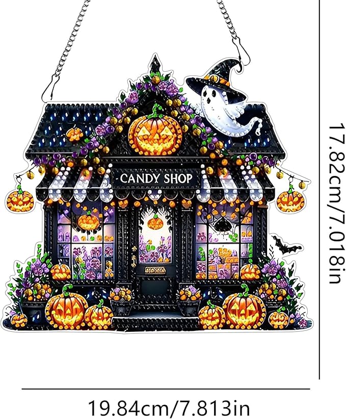 DIYDeligths DIY Hanging Halloween Pendant Ornament Diamond Art Painting for Adults Beginners with Accessories Single Sided Dot-Drill Pendant for Home Wall Window Garden Decor (Candy Store)