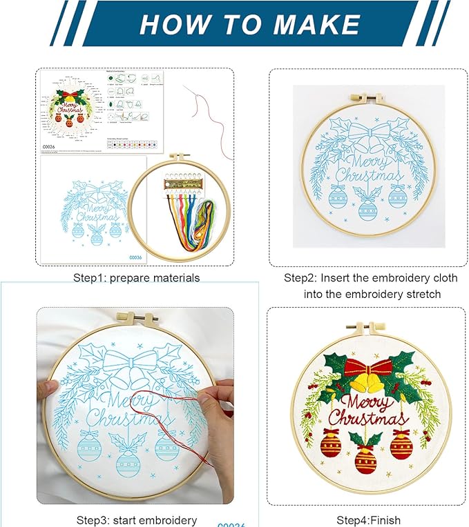 Zhenqing Christmas Bells Embroidery Kit - 29x29cm Printed Fabric, Hoop & Tools for Beginners(C0036)
