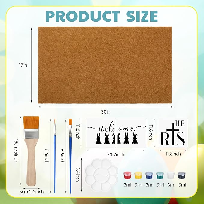 Chunful 3 Set Easter Blank Door Mats for Crafting 3 Pcs 17" x 30" Plain Doormat for Painting with 16 Reusable Easter Stencils Painting Tools for DIY Crafting Bunny Party Decor