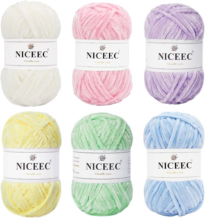 NICEEC 6 Skeins Soft Chenille Yarn Assorted Colors Blanket Yarn for Knitting Fancy Yarn for Crochet Weaving DIY Craft Total Length 6×85m (6×93yds, 6×50g)_Light Series