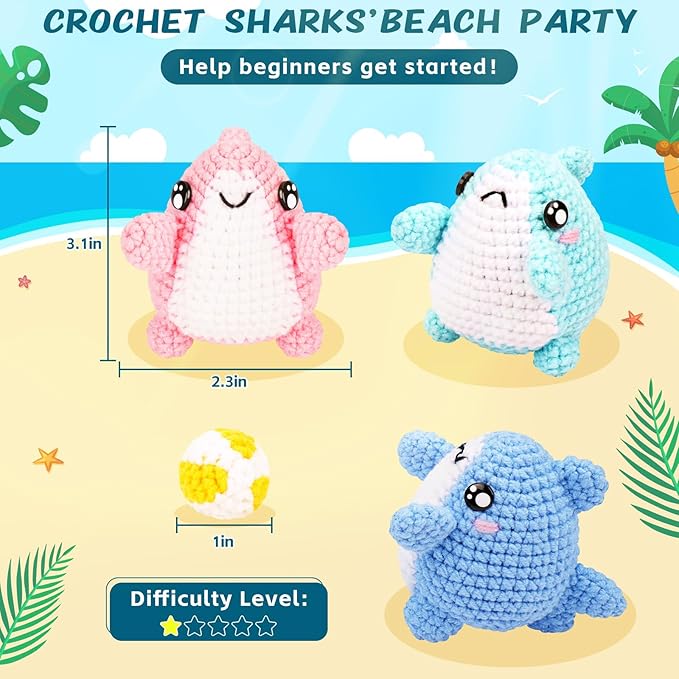 crochet kit for beginners -3 pcs sharks with a ball crochet kit with step-by-step video tutorials, beginner crochet kits for adults, crochet animal kit, shark beach party crocheting set