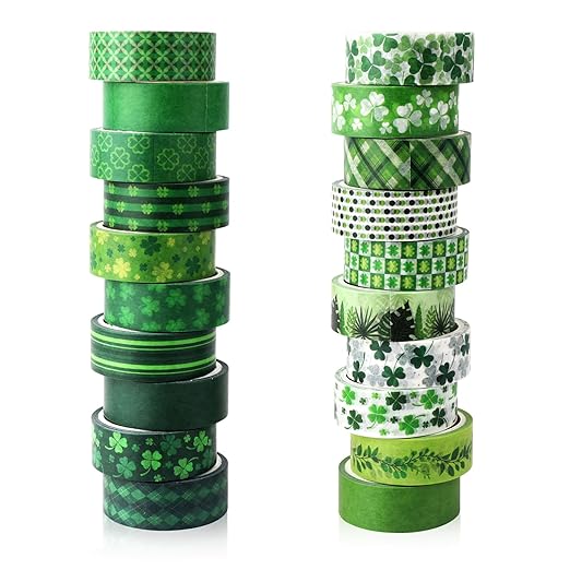 Green Decorative Tape Set 20 Rolls St. Patrick's Day Washi Tape Lucky Shamrock DIY St Patrick Day Masking Tape for Irish Holiday Kids Craft Notebook Scrapbooking & Stamping Supplies