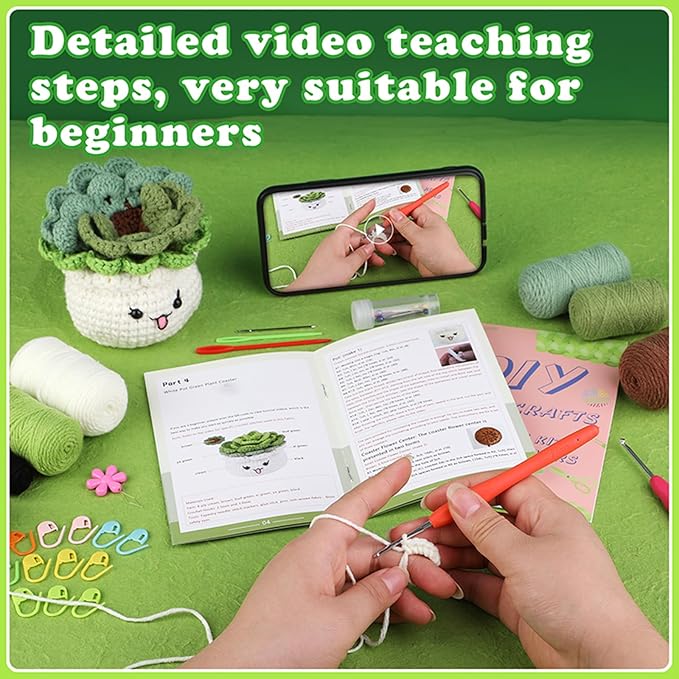 SAMLMAP Crochet Kit for Beginner Learn to Animal Amigurumi Crochet Kit Adult Kit with Step-by-Step Instructions and Video Tutorials Cow Mushroom Potted Plant Coasters