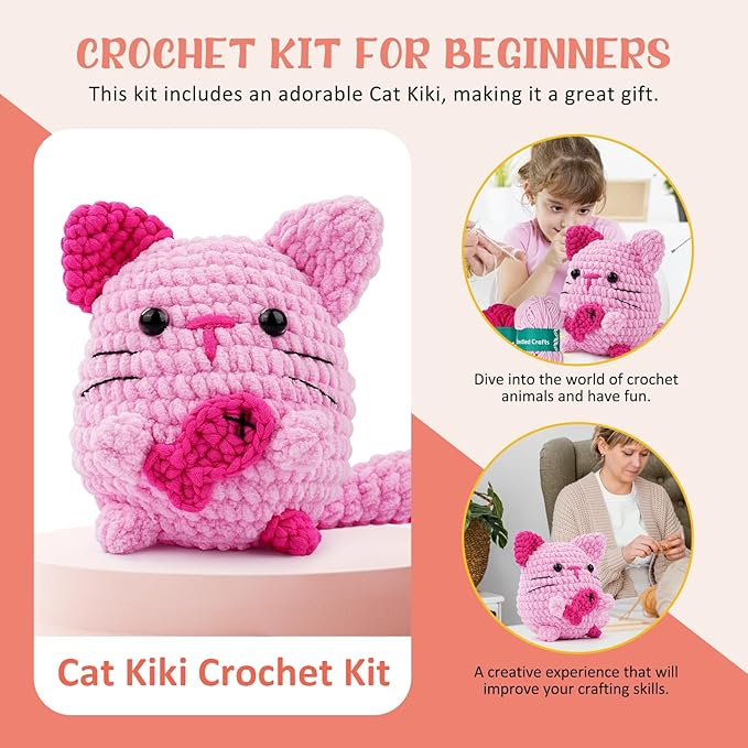 Vanttokeey Crochet Kit for Beginners, Animal Amigurumi Crochet Kits Included, Step-by-Step Video Tutorials, Beginner Crochet Kit for Adults and Kids, Crocheting Starter Set (Cat)