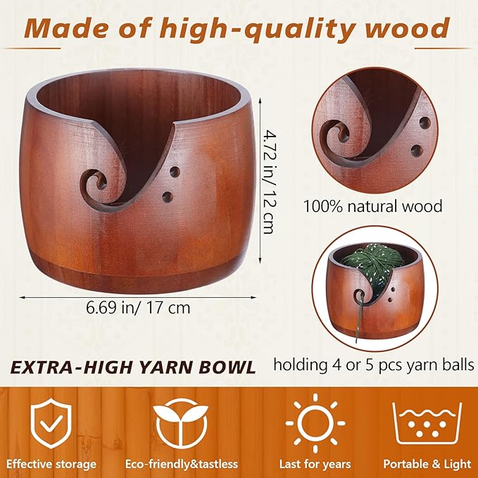Patelai 6.7 x 6.7 x 4.7 Inch Wooden Yarn Bowl Crocheting Round Knitting Wool Storage Yarn Bowl Handmade with Holes 12 Pieces Crochet Hooks for Knitting DIY Crafts Tools (Dark Brown)