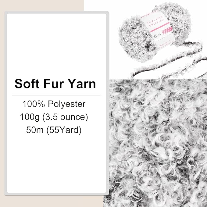 MECCANIXITY Eyelash Yarn Fur Soft Fluffy Chunky Polyester Yarn Fuzzy Gray for Crocheting Knit DIY Clothes Bag - 55Yard/50m, 3.53oz
