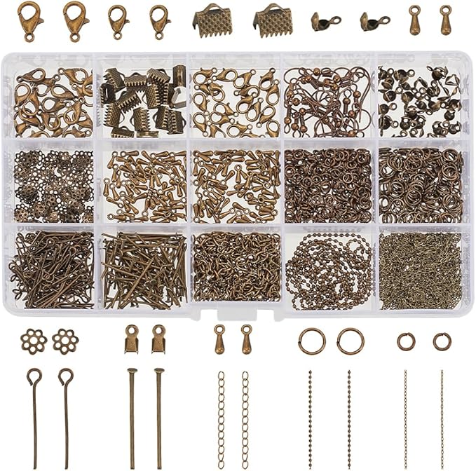 PH PandaHall About 870 Pcs Jewelry Finding Kits with Lobster Claw Clasps, Jump Ring, Ribbon Clamp End, Earring Hook, Flower Bead Cap, Cord End, Eye Pin, Head Pin, Extender Chain, Tip Knot, Drop End