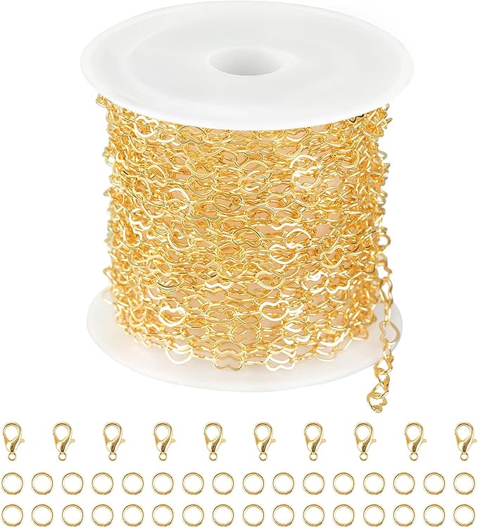 Jabogrii 16.4 Feet Heart Jewelry Chains 18K Gold Plated Brass Chain for Jewelry Making Women Necklace Bracelet DIY Craft Chain Bulk