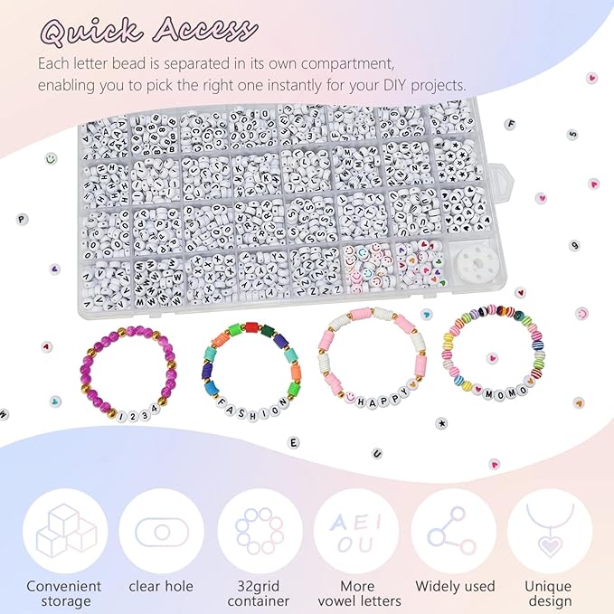 Amaney 1600pcs Acrylic Alpabet Letter Beads,31 Styles,Heart,Number,Star and Smiley Beads,4x7mm for Jewelry Making Bracelets Necklaces Key Chains