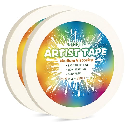 2 Packs White Art Tape Medium Tack Artist Masking Tape Paper Acid Free Tape Watercolor Painters Tape Artists Tape for Drafting Art Watercolor Painting Canvas Framing, 0.25 inch Wide 330FT Long