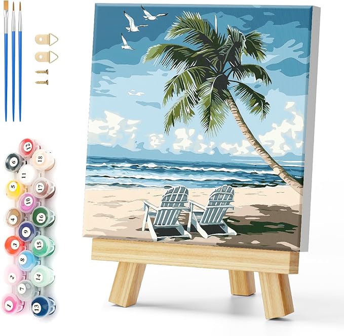 Natuyalo Framed Paint by Numbers for Adults Beginner, Beach Chair Acrylic Easy Paint by Numbers Kits with Frame Seascape Art Craft Kits for Adults Suitable for Wall Decoration 12x12 Inch