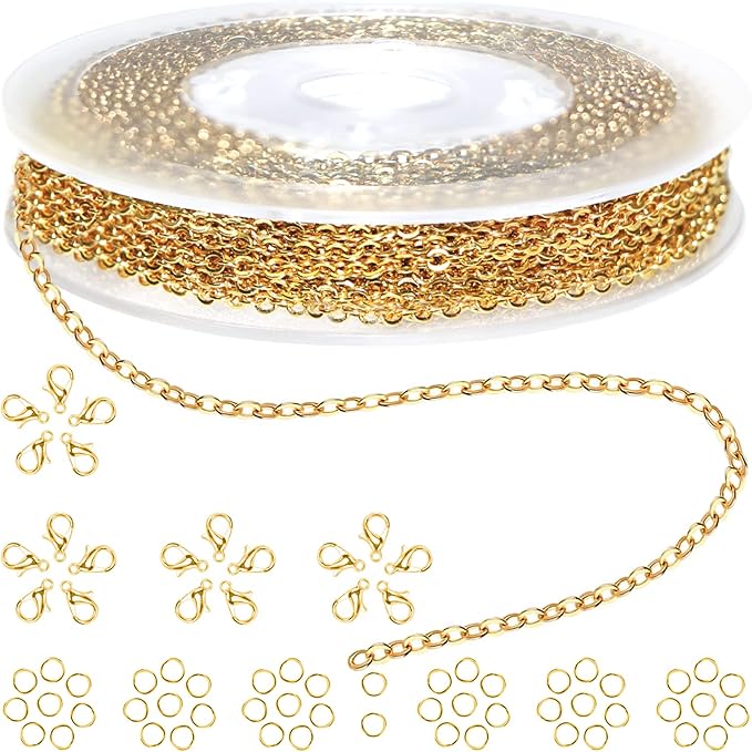 jishi 33ft stainless steel gold plated chain for jewelry making supplies - 2mm 18k gold plated non tarnish - 33ft roll with lobster clasps, jump rings - gold