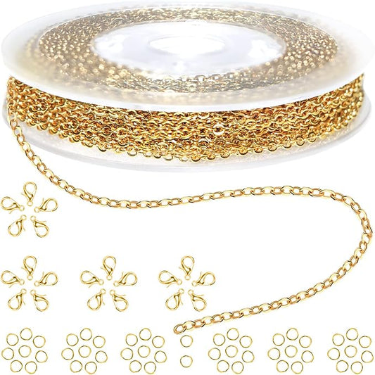 jishi 33ft stainless steel gold plated chain for jewelry making supplies - 2mm 18k gold plated non tarnish - 33ft roll with lobster clasps, jump rings - gold