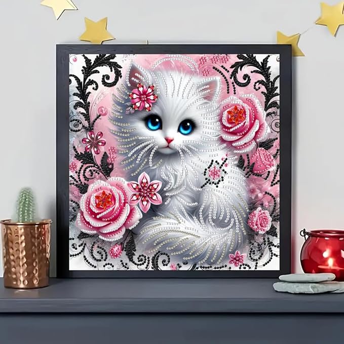 SHICERNHJ Animal Cat 5D Diamond Painting Kits for Adults,Flower Cat Diamond Art Kits for Special Shape,DIY Partial Drill Crystal Rhinestone Painting kit for Home Wall Decor 12 X 12Inch