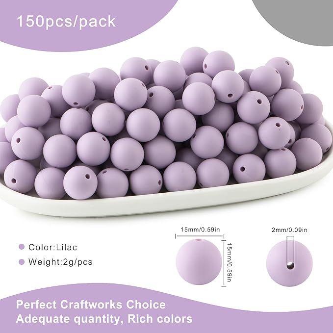150Pcs 15mm Silicone Beads for Keychain Making Bracelet Necklace, Bulk Round Silicone Beads for Pens（Lilac）