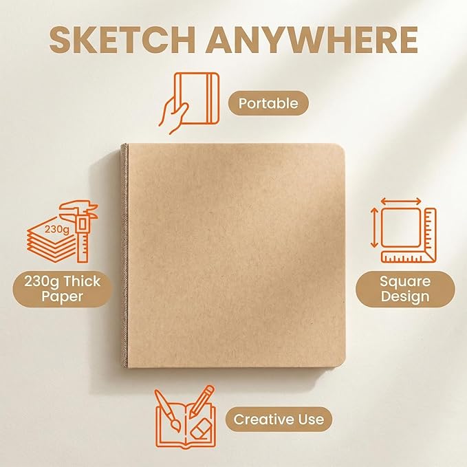 Hibmisy 2 Pack Sketchbook, 140LB/230GSM Drawing Paper, 58 Sheets Each, Sketch Book for Alcohol Markers, Watercolor, Acrylic Paint, Drawing & Quick Notes (Brown, 5"x5")