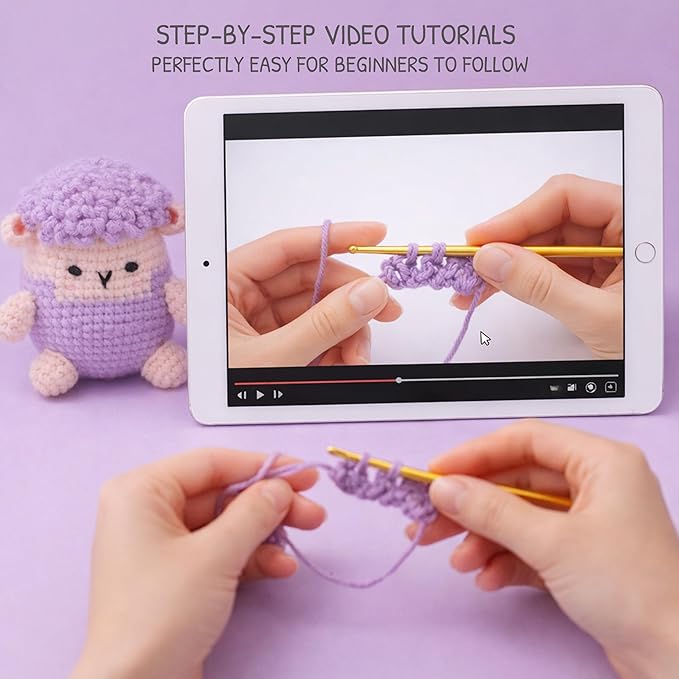 HOUSE CREATIVITY Beginner Crochet Kit for Adults, Beginners Crocheting Knitting Kit with Yarn Sets, Step-by-Step Video Tutorials,Animal Craft Kit, Holiday Birthday Gifts(Sheep)