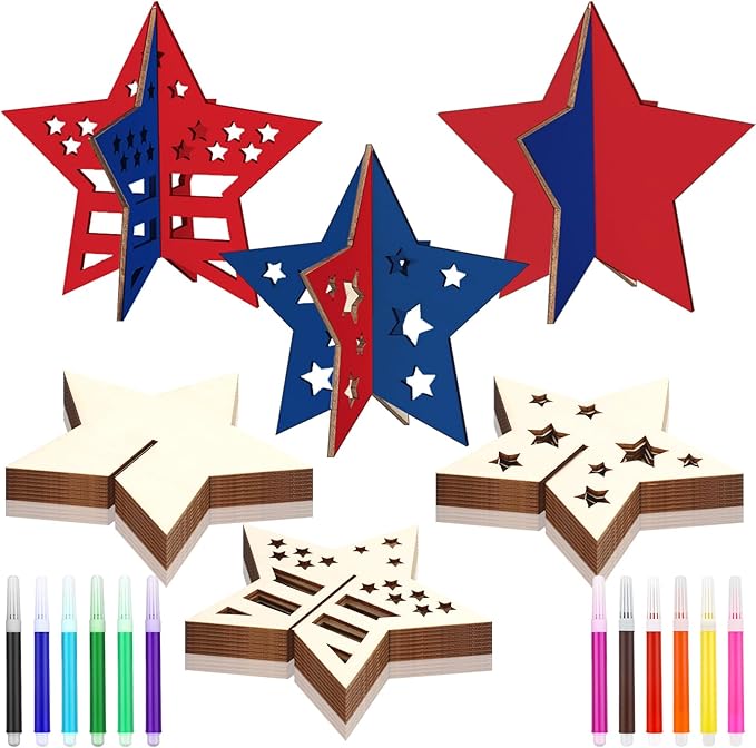 Blosssound 48 Pcs Patriotic Craft Set 36 Wood Stars Crafts 3D Stars Cutouts with 12 Colored Markers 4th of July Wooden Unfinished Slices to Paint for Memorial Day DIY Handmade Tiered Tray Decor