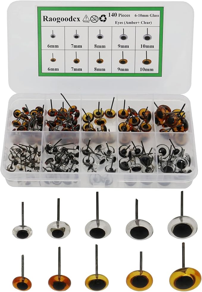 140Pcs Needle Felting Eyes 6-10mm mini Glass Amber with Clear Eyes Kits for Teddy Puppets Dolls Wool Felting Crafts