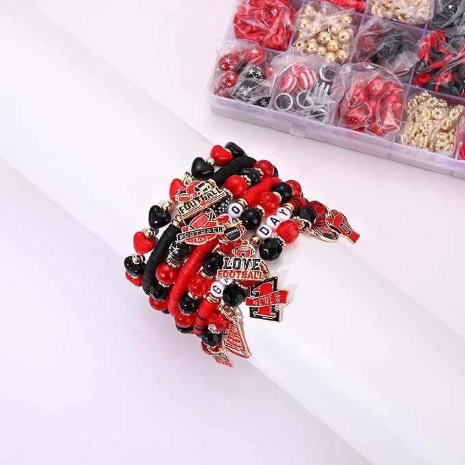 HSWE Game Day Beads for Bracelets Making Kit,Red Black Heishi Clay Pearl Letter Assorted Round Beads Gold Spacer Beads with Football Charms for DIY Bracelets Necklace Jewelry Making, 2100PCS+