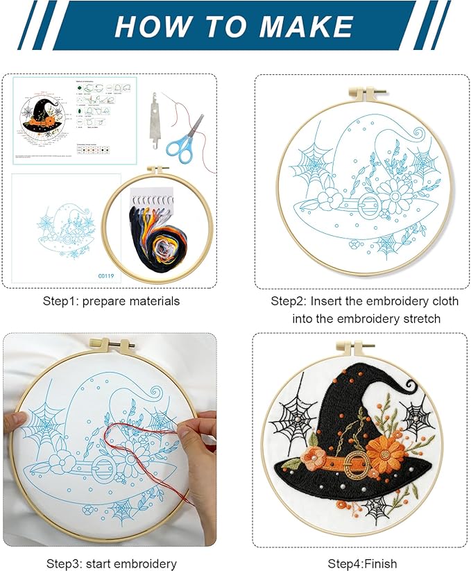 Zhenqing Halloween Witch Hat Embroidery Kit for Beginners - 29x29cm Printed Fabric with Hoop & Full Tools (Black Hat with Orange Flowers) (C0119)