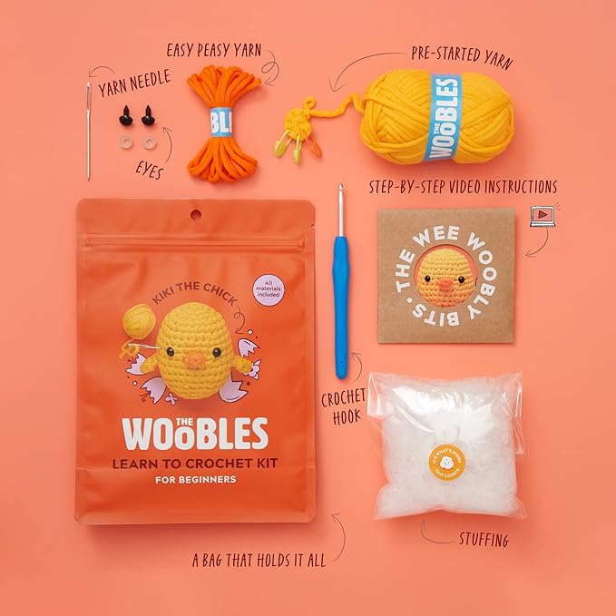 the woobles crochet kit for beginners - easy arts and crafts knitting & crochet animals kit as seen on shark tank - kiki the chick