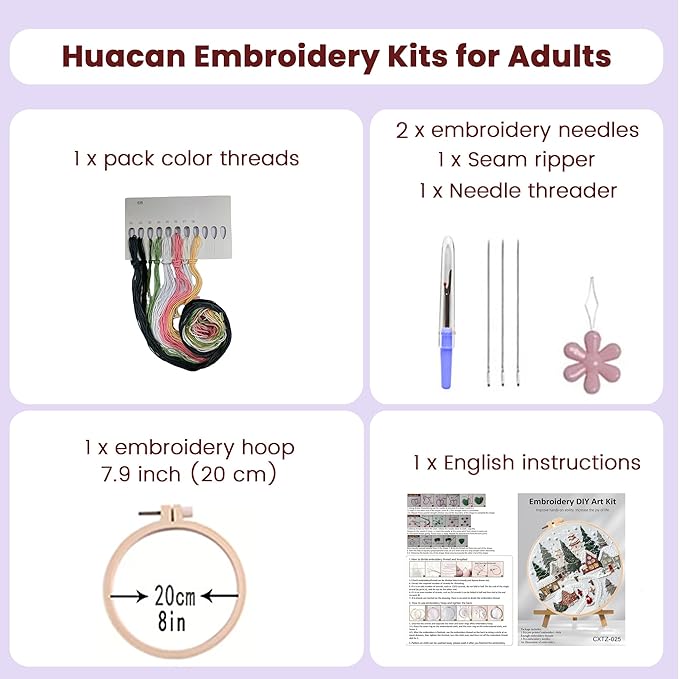 Huacan Embroidery Kits for Adults Beginner DIY Cross Stitch Stamped Christmas Tree Pattern Stitching Sewing Kit 1 Piece 7.8 x 7.8 Inch