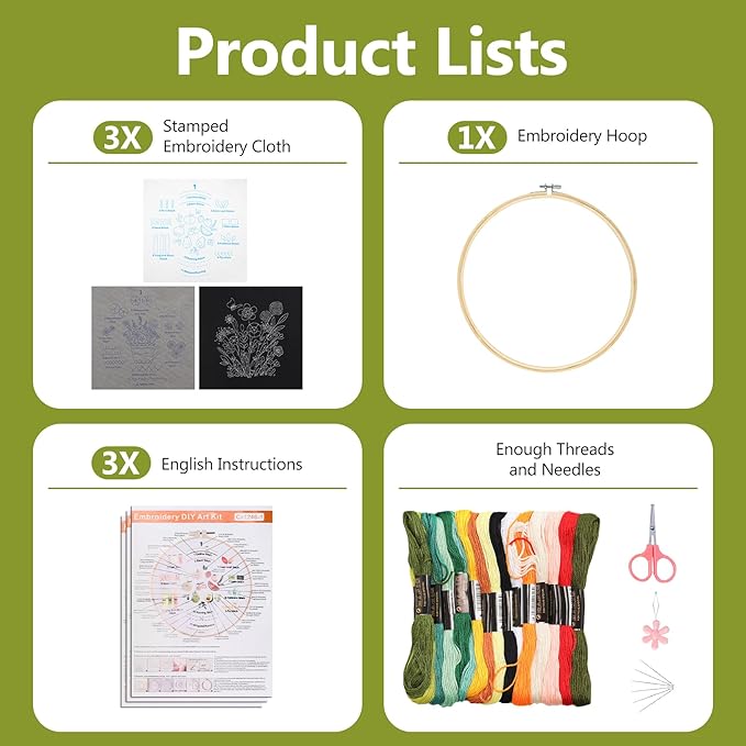 Santune 3 Pack Beginner Embroidery Kits for Adults DIY Starter Kit with 33 Stitch Techniques, Stamped Patterns, Embroidery Hoop, Colorful Threads,Stitch Video Tutorial
