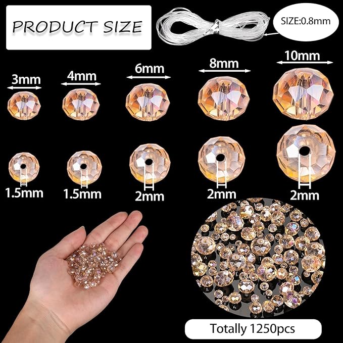 Song Xi 1250PCS 5 Different Size Champagne Crystal Beads for Jewelry Making, Rondelle Glass Beads for Bracelets Necklace, Earring and Making Supplies, Arts and Crafts, AB Color (3/4/6/8/10mm)