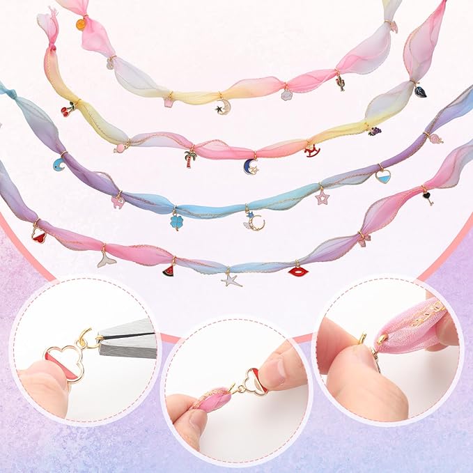 Tondiamo 206 Pcs Jewelry Making Kit DIY Gradient Organza Ribbon Cord Charm Bracelet Making Kit with 100 Charms,100 Jump Rings,4 Voile Ribbons and Tools for Women Arts Craft Birthday Mothers Day Gift
