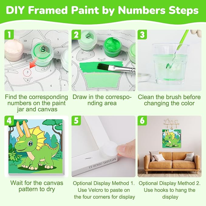 KEYIFA 4 Pack Framed Paint by Numbers Kit for Kids Age 6-12, Easy Cute Dinosaur Painting for Adult Beginners, DIY Framed Acrylic Canvas Painting for Home Decor Children Gift, 8x8 in