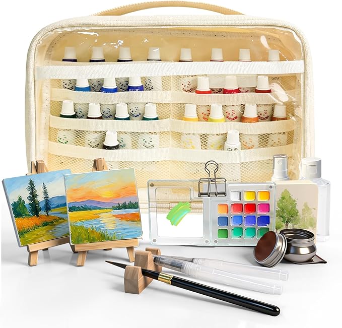 Mini Watercolor Palette Set,34Pcs Artist Watercolor Palette Travel Set with Colors,Wooden Paint Box,Brush,Holder,Oil Cup,Plastic Bottles Storage Bag for Beginners Artists Student(15 Grids)