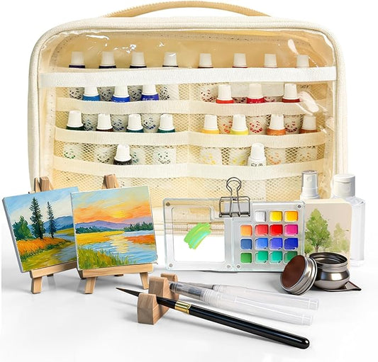 Mini Watercolor Palette Set,34Pcs Artist Watercolor Palette Travel Set with Colors,Wooden Paint Box,Brush,Holder,Oil Cup,Plastic Bottles Storage Bag for Beginners Artists Student(15 Grids)