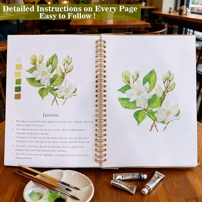 Watercolor Workbooks Coloring Book Beginner Friendly Painting Kit Easy Nature Scenes Paint Set Art Crafts for Creative Exploration Gift for Adults (Flowers, with Palette)