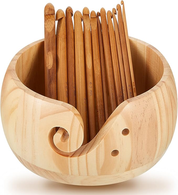 Patelai 6 x 6 x 3 Inch Wooden Yarn Bowls for Crocheting Round Knitting Wool Storage Yarn Bowl Handmade with Holes 12 Pieces Crochet Hooks for Knitting DIY Crafts Tools(Natural Color)